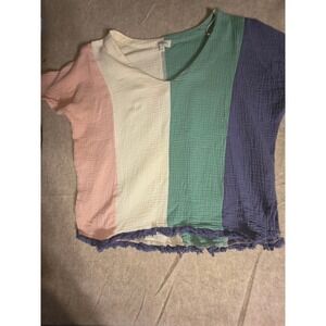 Umgee Colorblock Double Gauze Cotton V-Neck Top Frayed Hem Boho Pastel Small